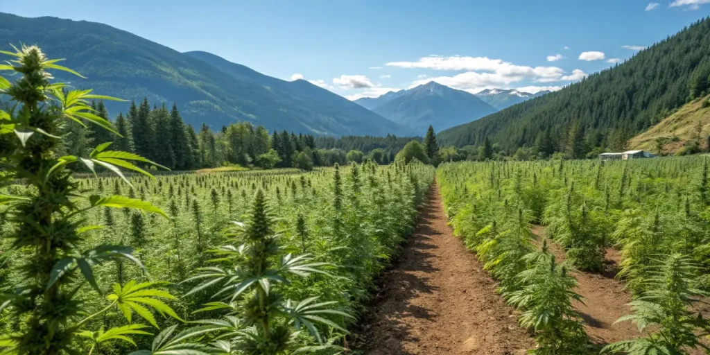 bc diesel cannabis plants thriving in neat rows across a mountain valley on a sunny day.