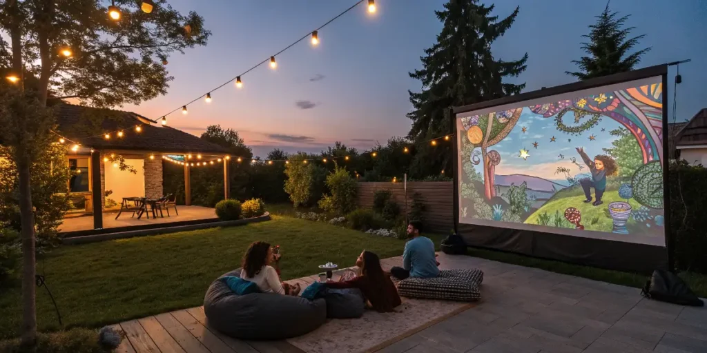 Friends watching a colorful animated movie outdoors under string lights.