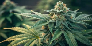 big band cannabis bud with frosty trichomes and curled orange pistils in sharp focus.