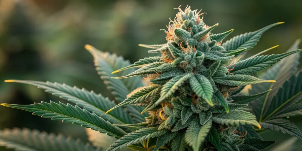 Dense big band cannabis bud covered in trichomes and orange hairs under natural light.