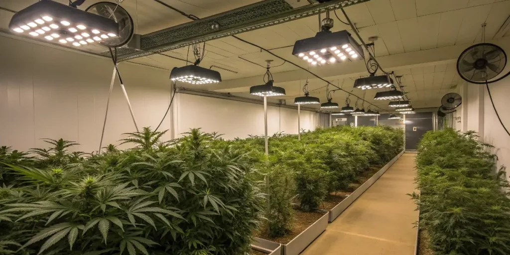 big band cannabis plants growing indoors under bright lamps with fans and ventilation.