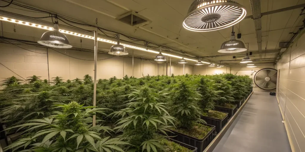 Indoor grow room with LED lights nurturing big band cannabis plants in organized rows.