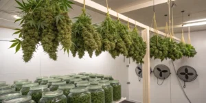 big bud cannabis drying and curing setup with hanging branches and jars of buds.