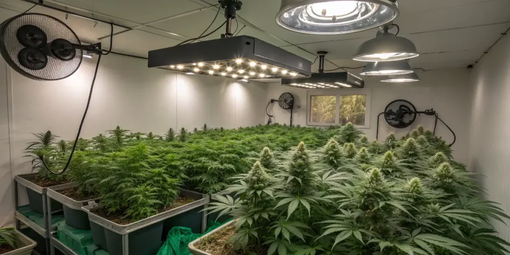 big bud cannabis plants flourishing indoors under warm lights and air circulation fans.