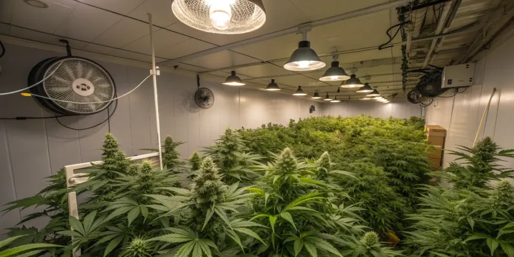 Indoor grow room with LED lights illuminating big bud cannabis plants in bloom.