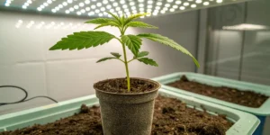 cannabis plants in a modern indoor grow room with LED lighting.
