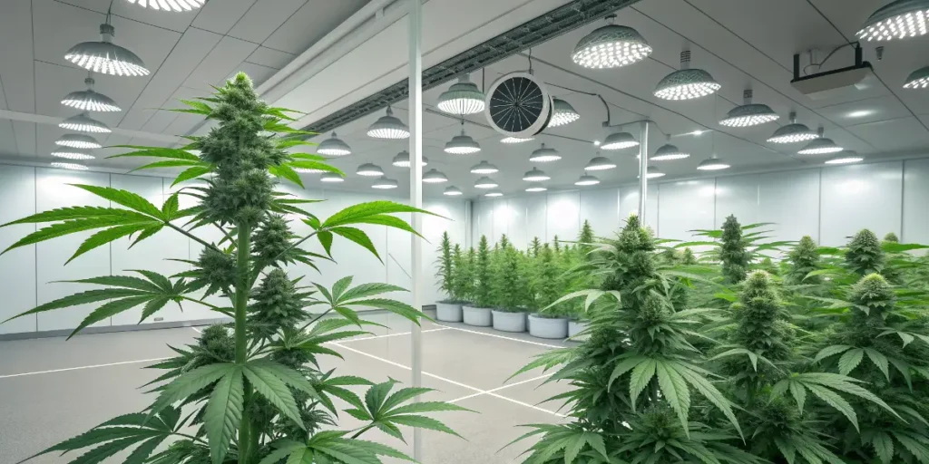 indoor cannabis cultivation with mature plants in controlled environment.