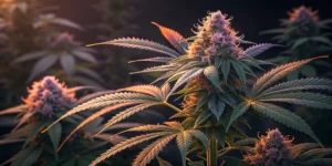 close-up of Blackberry Moonrocks Auto cannabis buds maturing under sunset light.