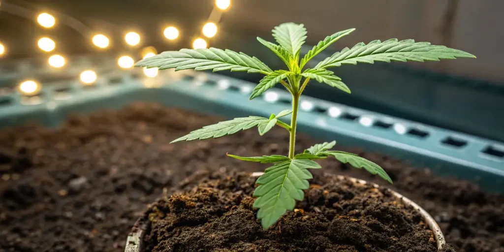 Blackberry Moonrocks Auto cannabis seedling growing under warm LED lights in soil.