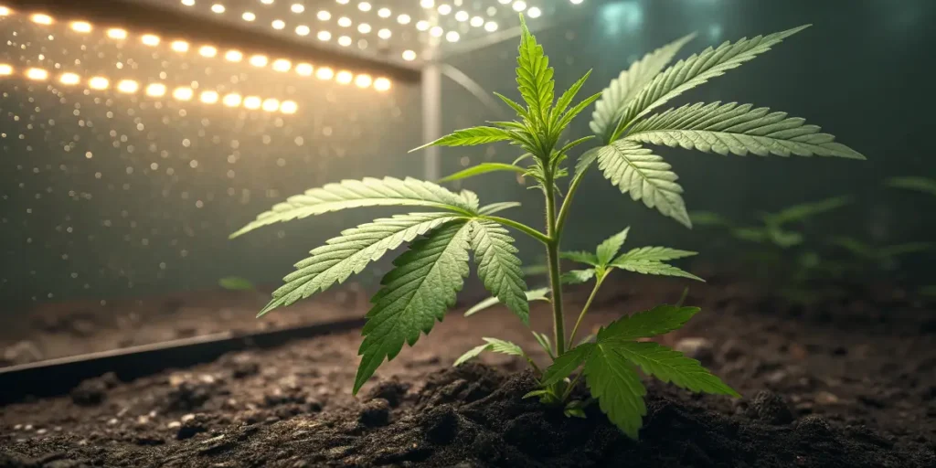 cannabis seedling illuminated by LED lights in a grow room.