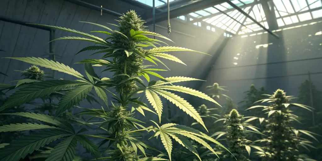Blue Berry Skittlez Auto cannabis plants flourishing under natural sunlight in greenhouse.