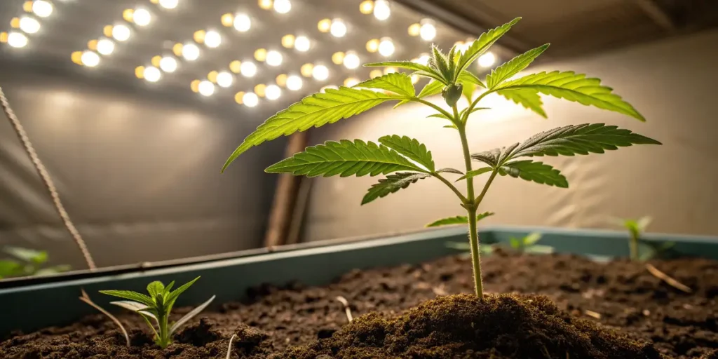 Blue Berry Skittlez Auto cannabis seedling thriving in nutrient-rich soil indoors.
