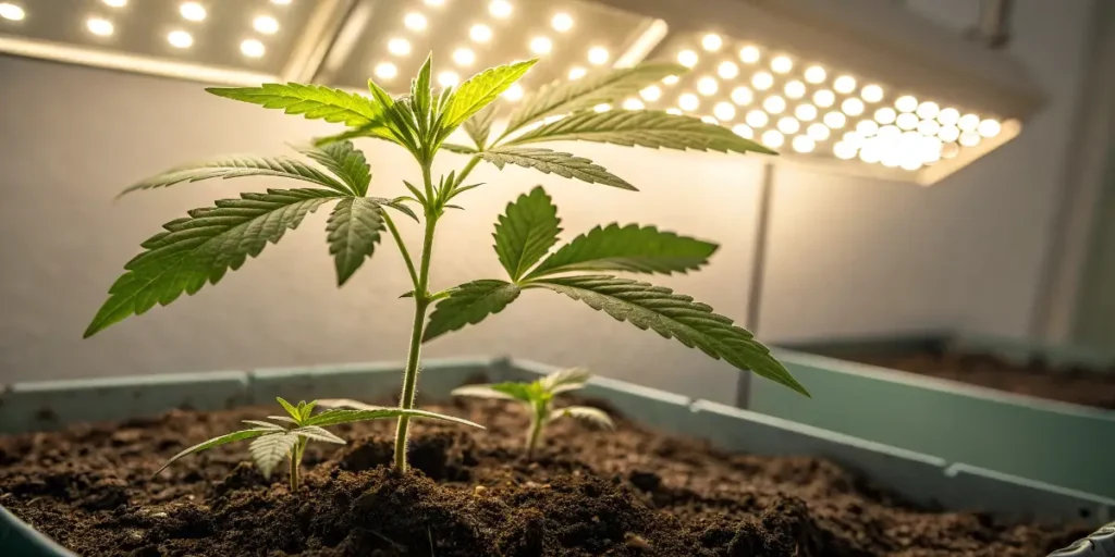 Blue Berry Skittlez Auto young cannabis plant growing under LED lights.