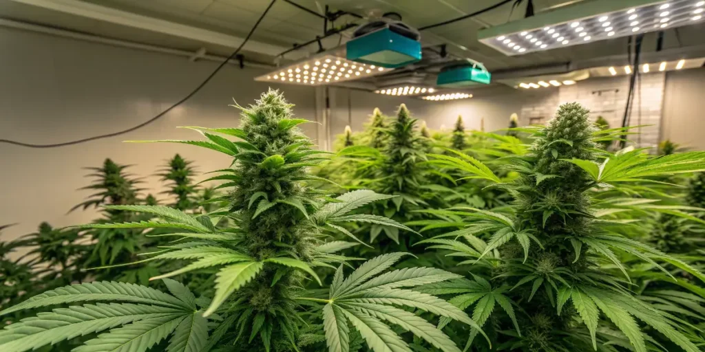 Blue Dream Auto cannabis cultivation under artificial lights in a grow room.
