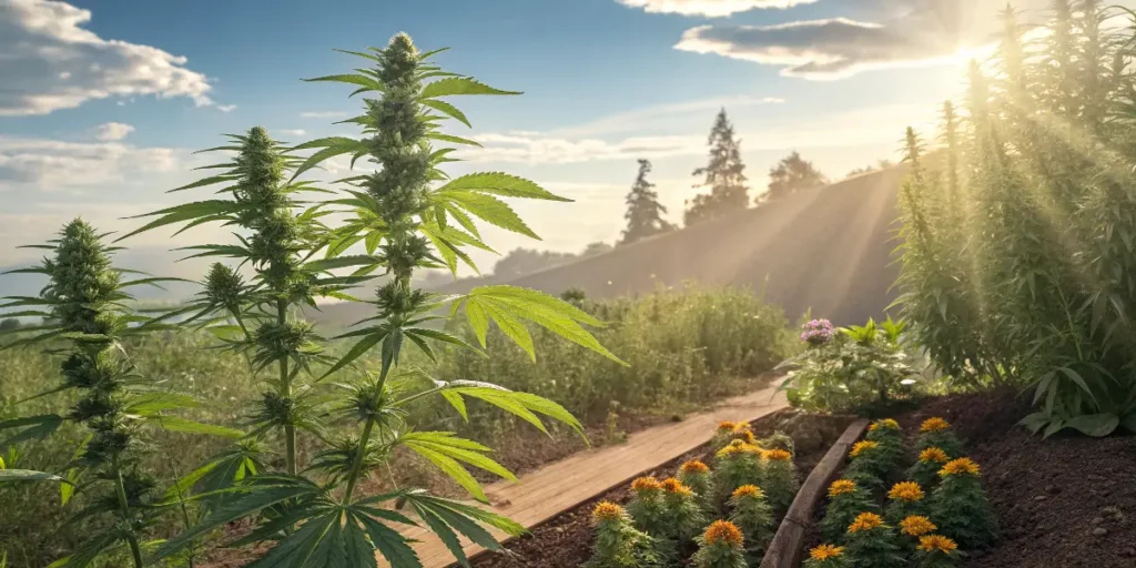 Blue Dream Auto cannabis plant thriving in a sunlit outdoor garden.