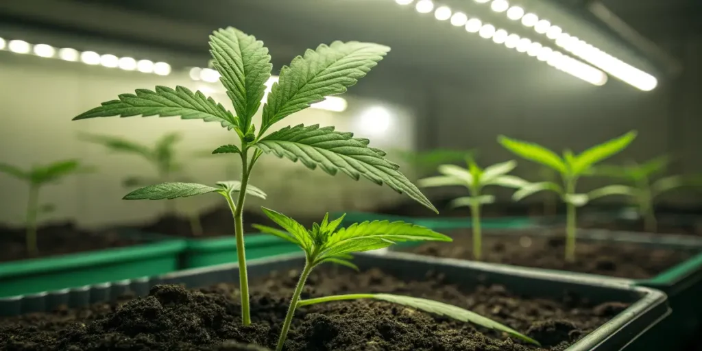 Blue Dream cannabis plant developing dense buds under LED grow lights.