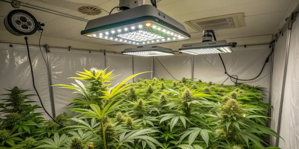 Blue Gelato 41 cannabis plants thriving indoors under LED grow lights.