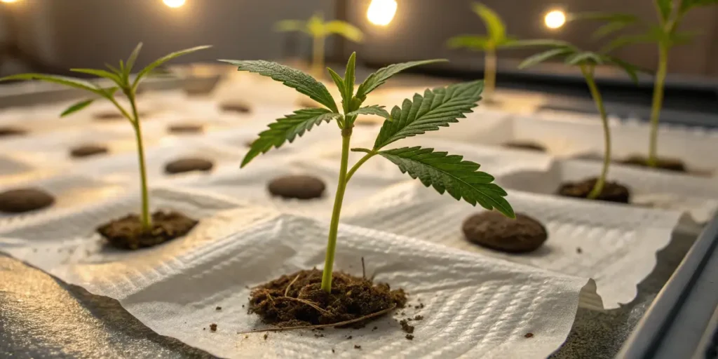 Blue Gelato 41 seedlings sprouting from soil during early germination stage.