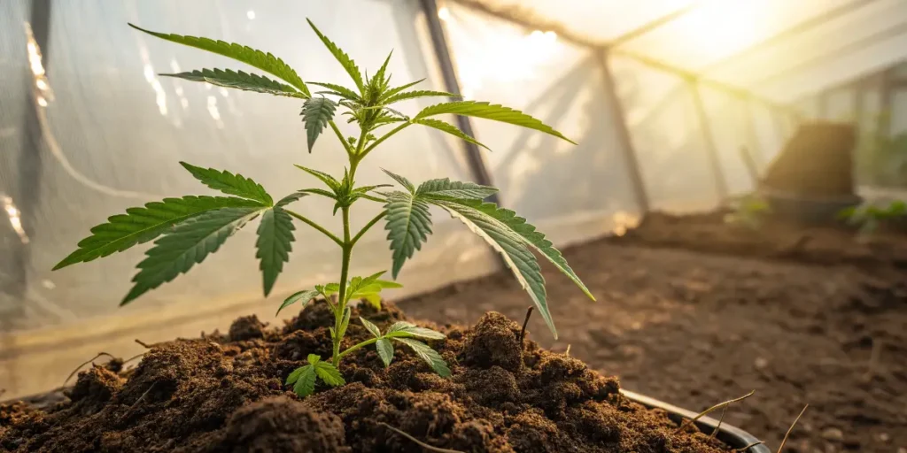 Blue Skunk cannabis seedling growing in greenhouse soil with natural sunlight.