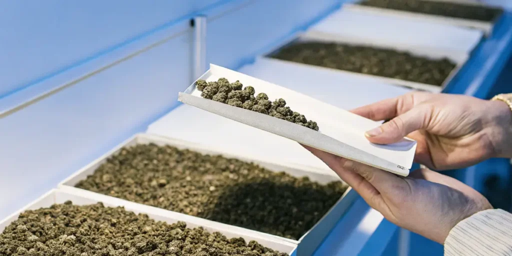 Cannabis buds drying in laboratory trays under controlled conditions.