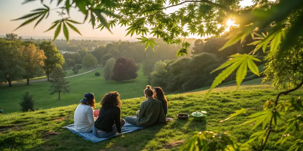 Friends relaxing outdoors showing how cannabis calms aggression naturally.