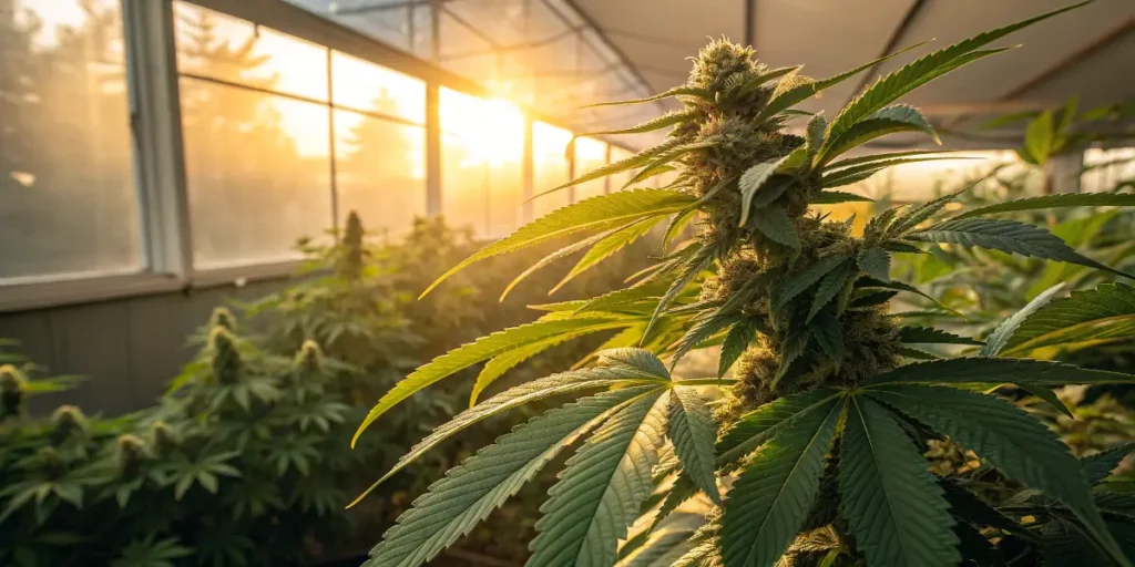 Close-up of a cannabis plant bathed in warm sunlight inside a greenhouse.