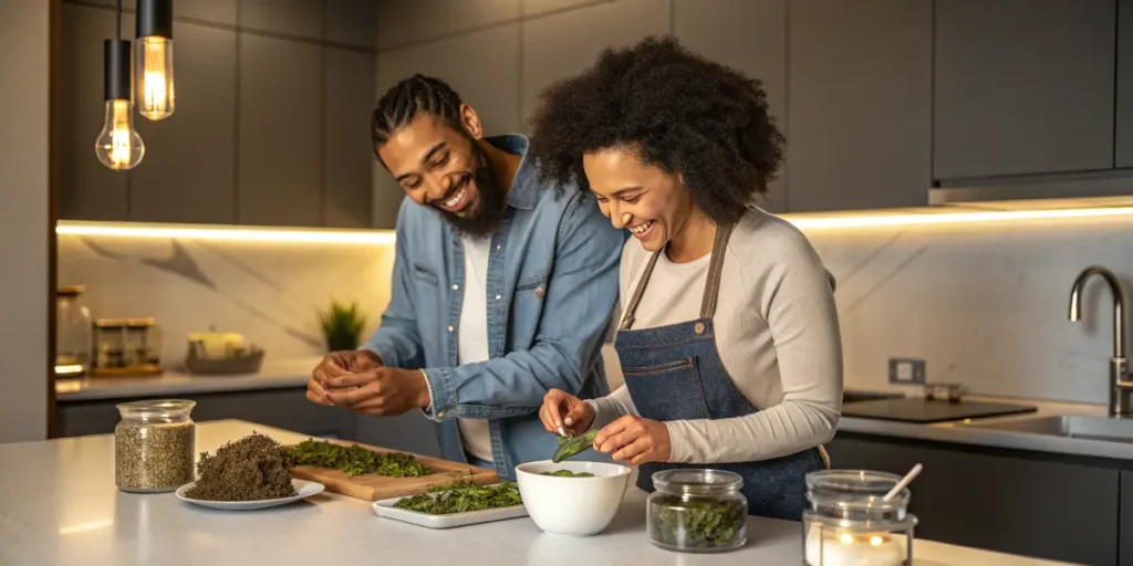 Couple cooking cannabis-inspired meal together in a modern kitchen.