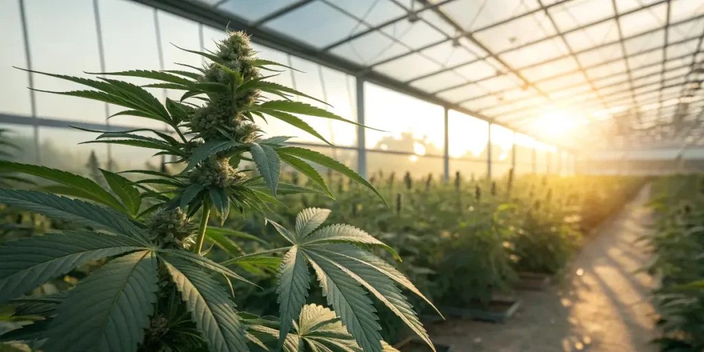 cannabis plant growing in greenhouse under sunlight promoting wellness and balance.