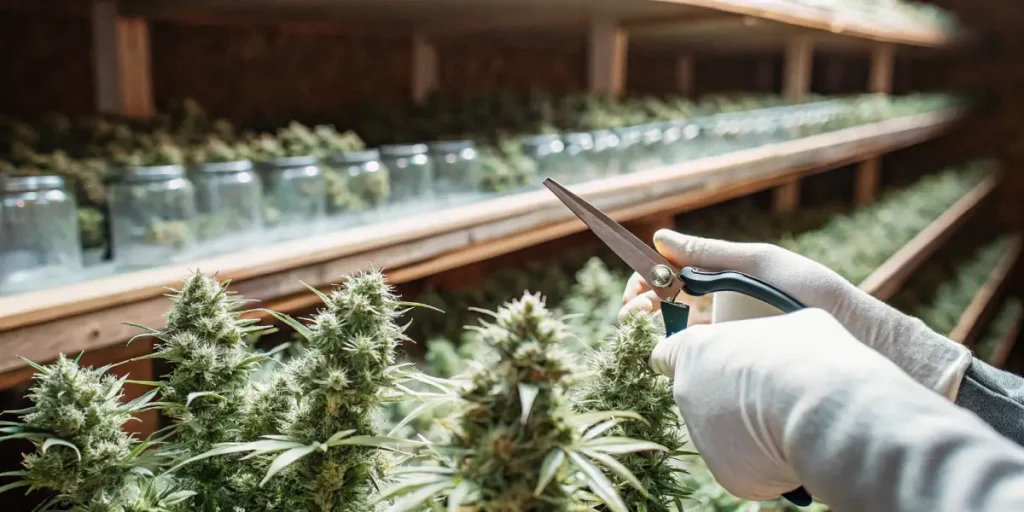 Cannabis buds being trimmed and prepared for curing, with jars of stored cannabis on shelves.
