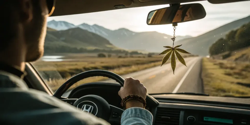 driver on scenic highway with cannabis leaf charm hanging from rearview mirror.