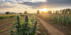 cannabis plants with purple hues in a large farm at sunset.