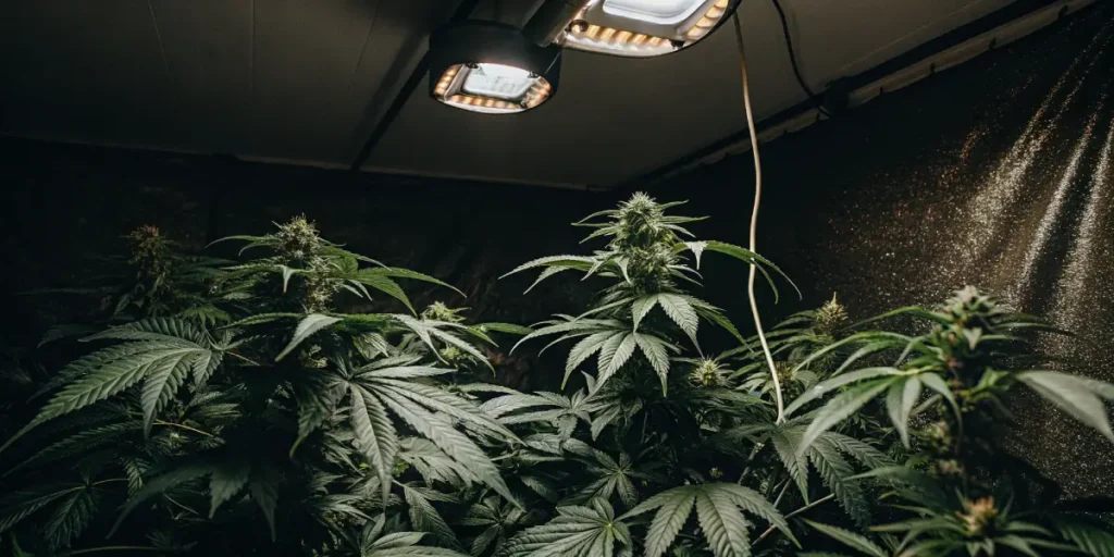 Flowering cannabis plants indoors under LED lamps with dark green leaves and developing buds.