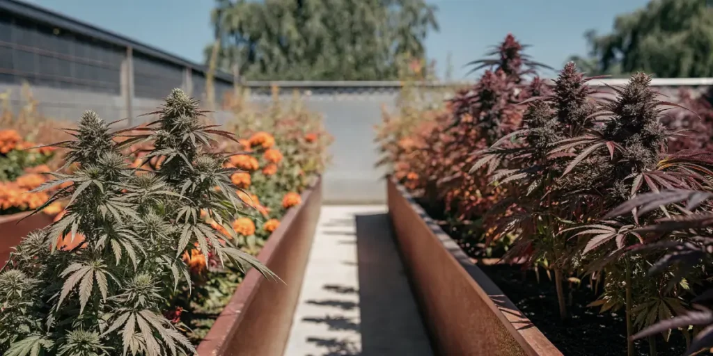 Cannabis plants growing outdoors alongside bright orange marigolds.