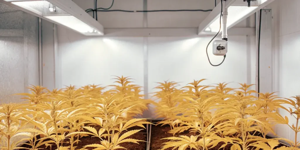 Cannabis plants in the flowering stage under indoor grow lights