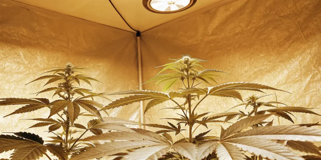 Cannabis plants in early flowering stage inside a grow tent with reflective walls.