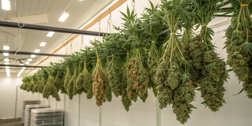 rows of cannabis plants drying in a modern drying facility.