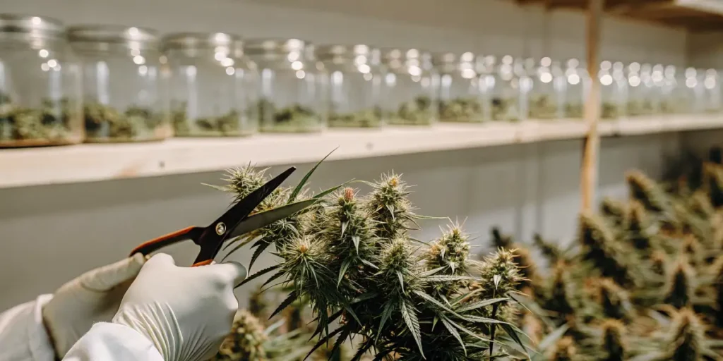 Worker trimming fresh cannabis buds with scissors, glass jars of cured cannabis in the background.
