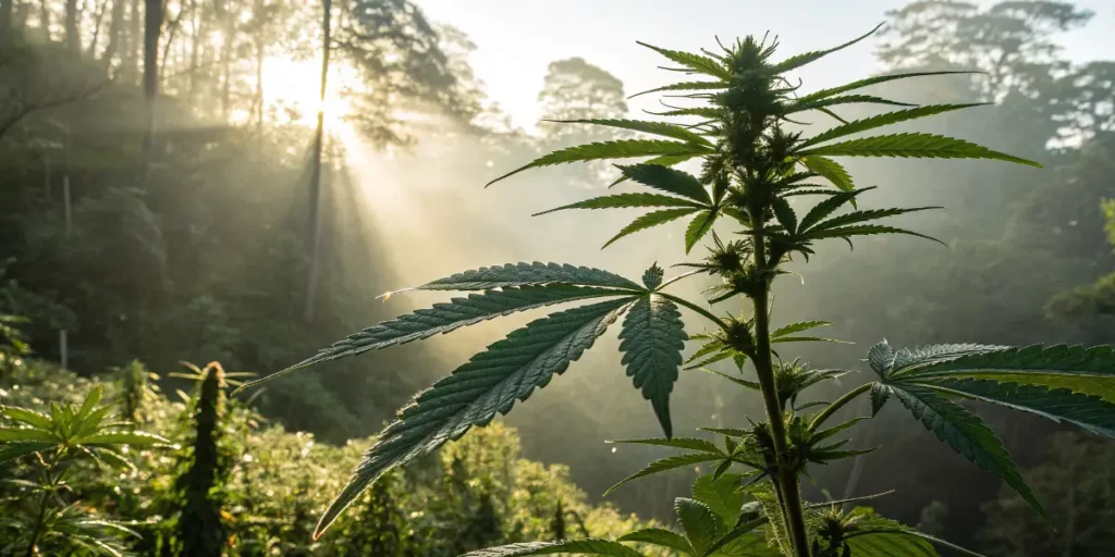 Cannabis in Costa Rica plant glowing under sunrise rays in a misty tropical forest.