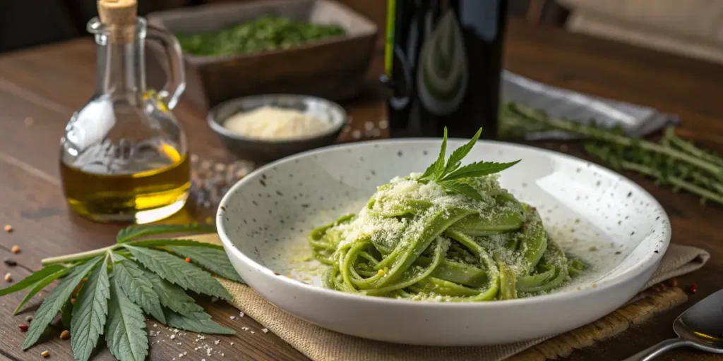 Plate of green pasta infused with cannabis leaves, showing a creative take on cannabis edibles and recipe dishes.