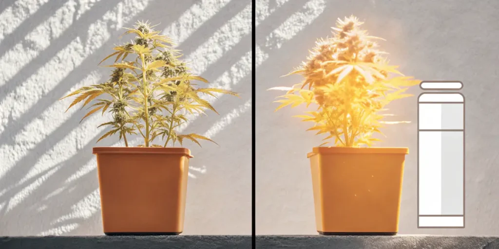 Cannabis plant comparison before and after proper lighting exposure.