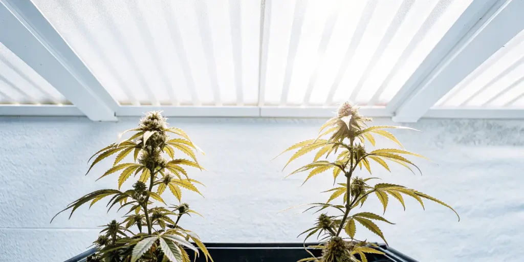 Cannabis plants growing under natural greenhouse light.