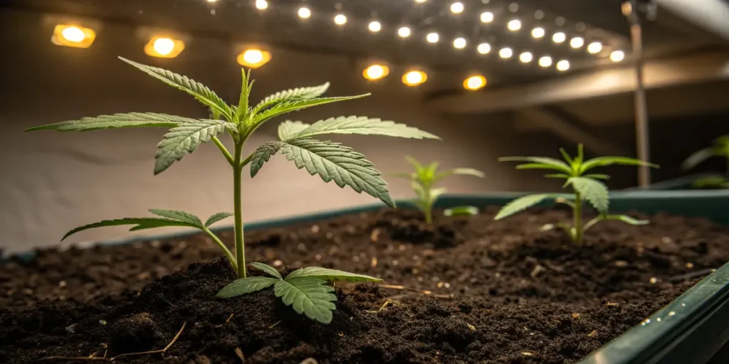 young cannabis seedlings growing in soil under indoor lights.