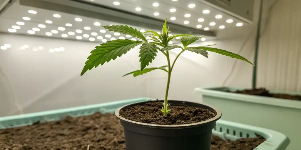 young cannabis seedling growing in pot under LED lights.