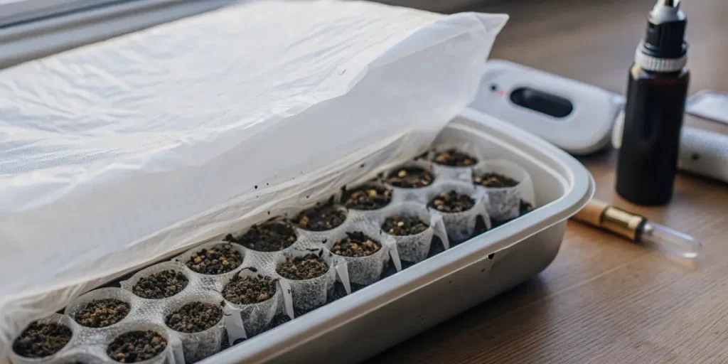 Cannabis seedlings in a tray covered with plastic film for humidity control