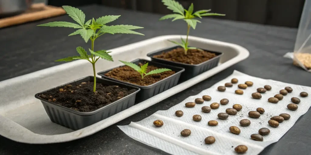 Young cannabis seedlings and seeds on a tray showing 5 Myths And 5 Truths About CBD: Separating Fact From Fiction.
