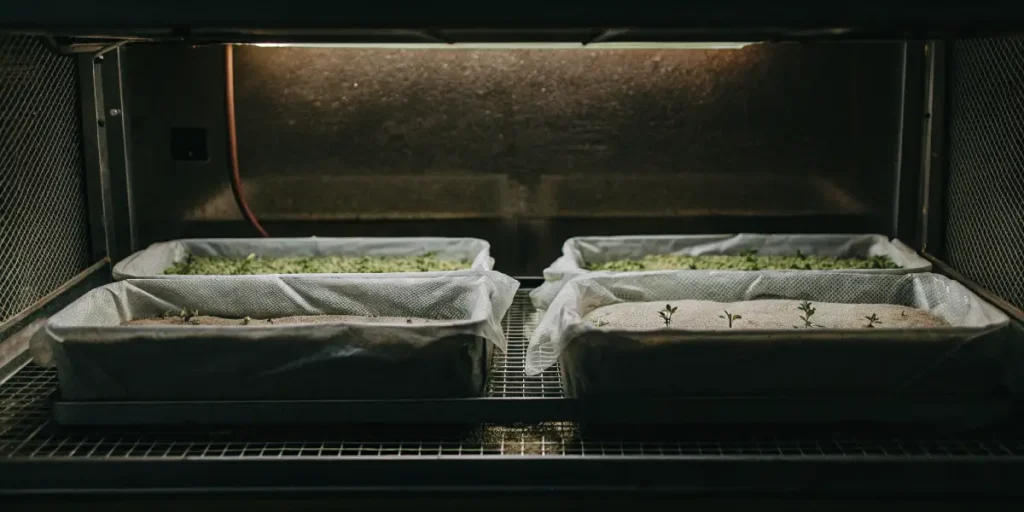Cannabis seedlings sprouting in growth trays under artificial light.
