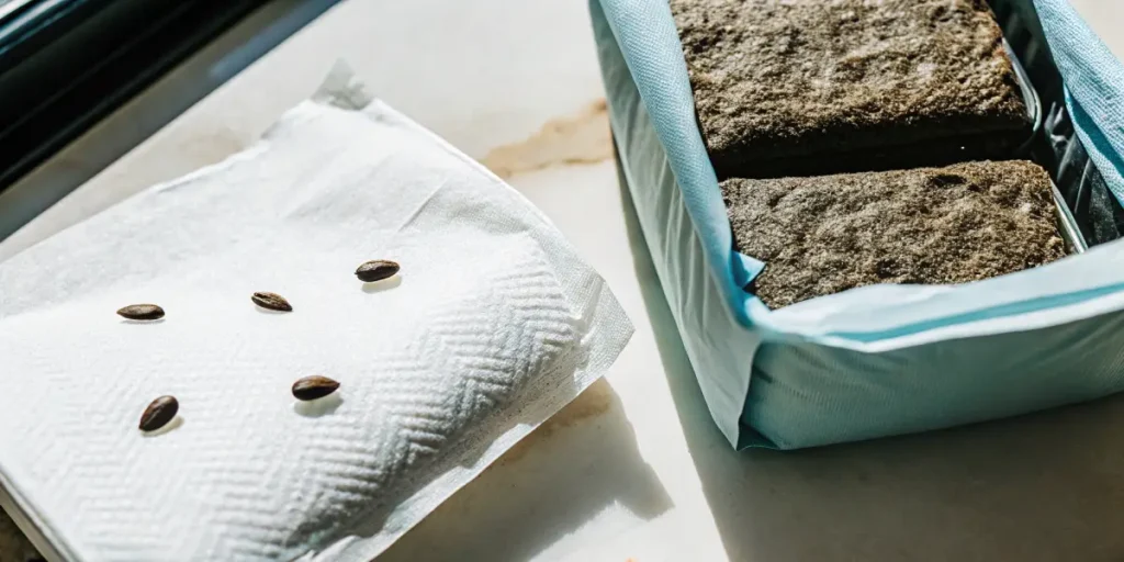 Cannabis seeds germinating using the paper towel method next to soil blocks.