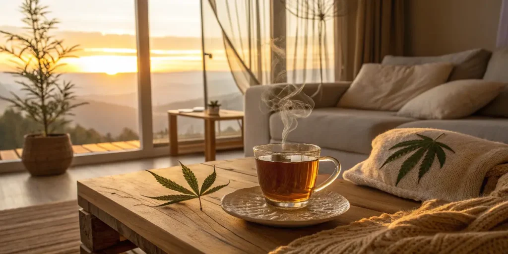 Warm cup of cannabis tea by the window at sunset, a relaxing option for cannabis edibles and recipe ideas.