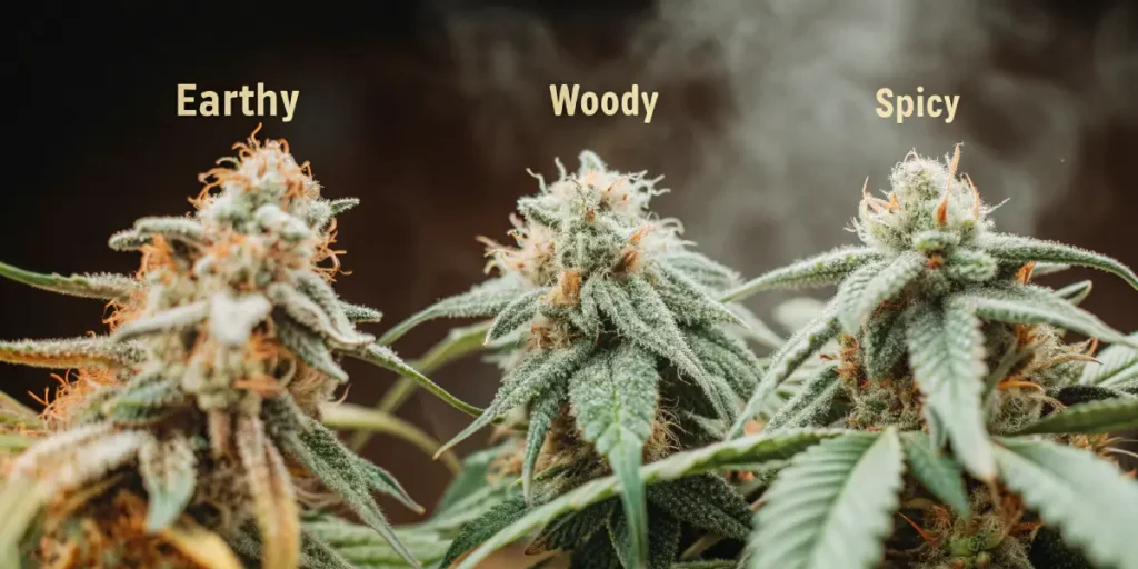 Close-up of cannabis buds labeled earthy, woody, and spicy terpene flavors.