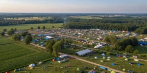 Aerial view of Cannabis World Records festival with thousands of attendees and tents.